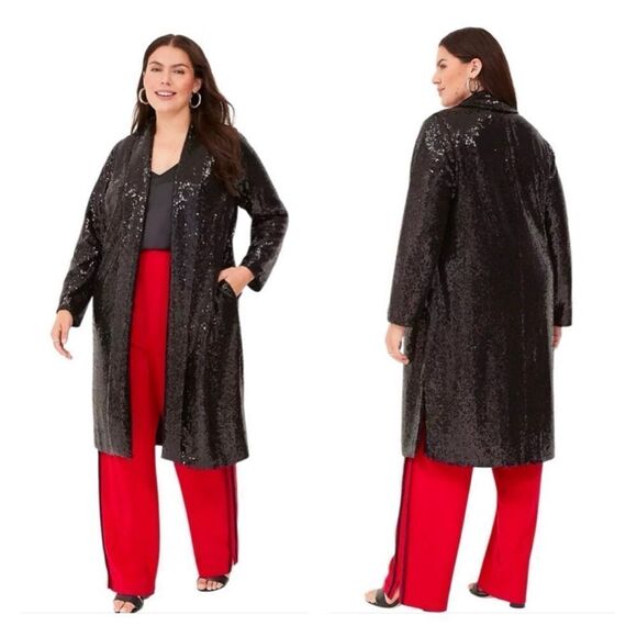 Lane Bryant black sequin long duster open front kimono womens 24 long sleeve NEW - Picture 1 of 12